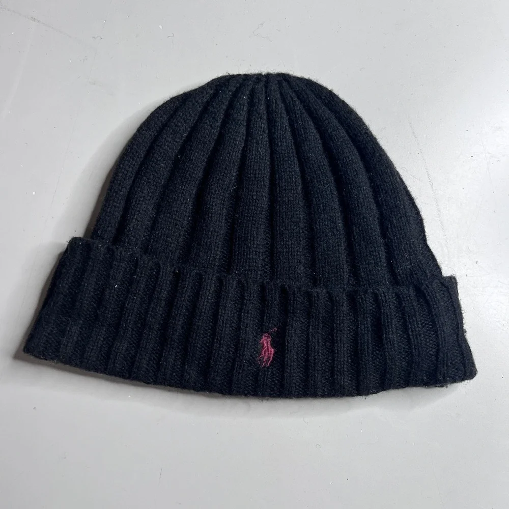Polo‎ Ralph Lauren Ribbed Beanie Black Pink Pony Logo Knit Hat Mens Womens